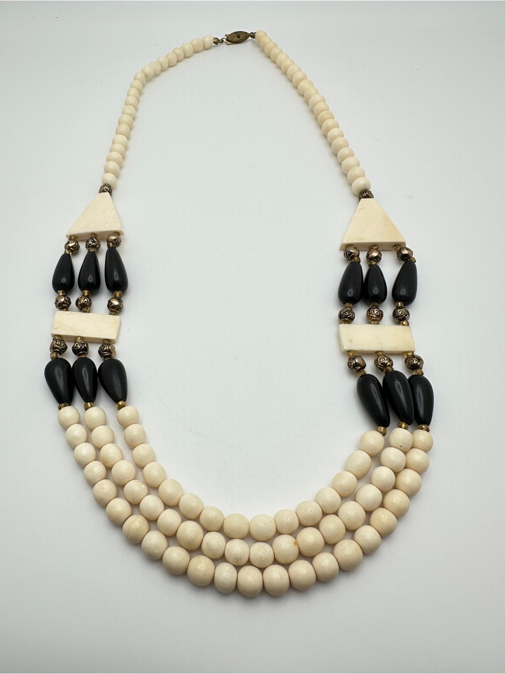 Neutral Ivory and Black Vintage Multi-Strand Statement Necklace